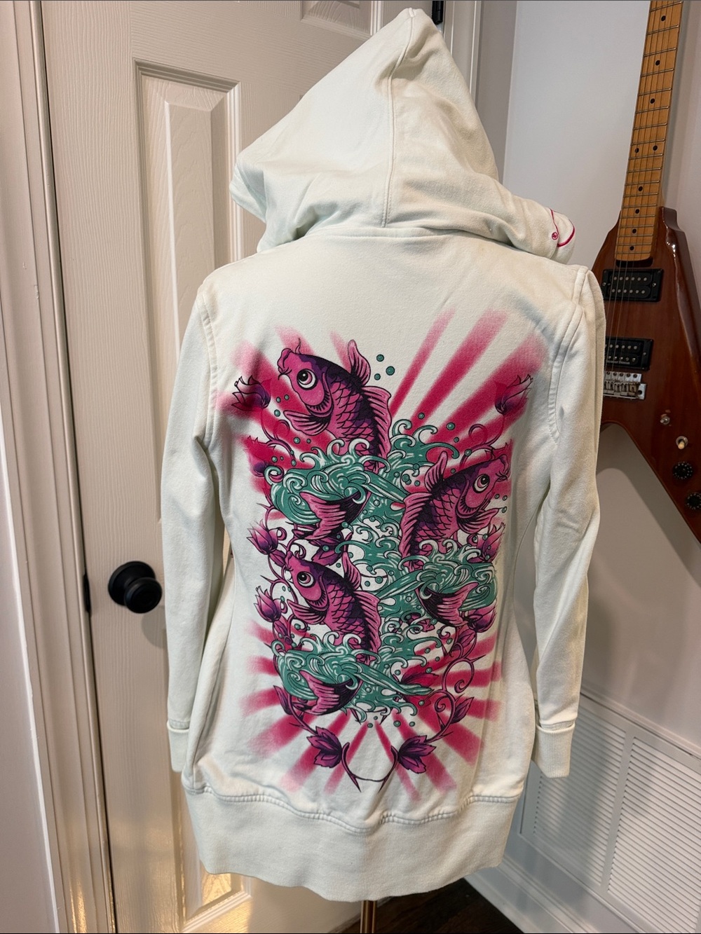 Ed Hardy by Christian Audigier Hooded Bomber Jacket with Pink & Teal Koi Graphic